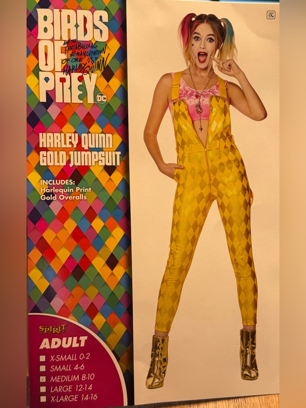 DC Birds of Prey HARLEY QUINN Halloween Costume Adult Med Gold Overalls & Choker
